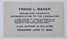 1940 Cape Elizabeth Scarborough Maine Frank Baker VTG Political Card Legislator