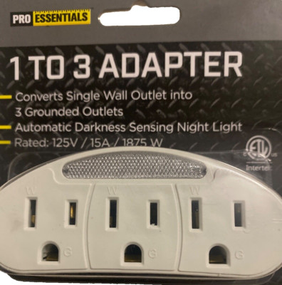 Pro Essentials 1 To 3 Adapter 3 Grounded Outlets Auto Darkness Sensing Light 15A