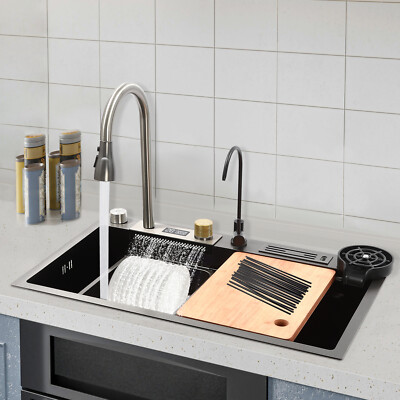 Modern Digital Display Waterfall Sink Stainless Steel Single Bowl Kitchen Sink