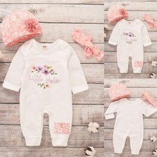 Newborn Baby Girls LITTLE SISTER Romper Jumpsuit Bodysuit Clothes Outfit Set