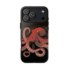 For iPhone / Galaxy / Pixel   Red Octopus Retro Dark Abyss Phone Case