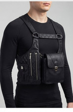 Black Leather Chest Rig Bag - Quilted Tactical EDC Holster Utility Vest for Men
