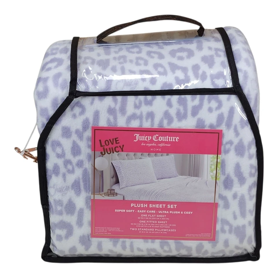 Juicy Couture Queen Plush Sheet Set Ultra Soft Cozy Leopard Print Lavender - Image 3 of 4