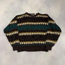 Vintage Abstract Knitted Jumper Patterned Grandad Chunky Knit Sweater Men's L
