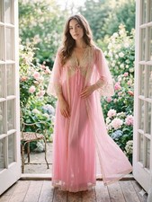 Vintage 1960s Movie Star Pink Lace Coquette Pinup Peignoir Nightgown Set Small