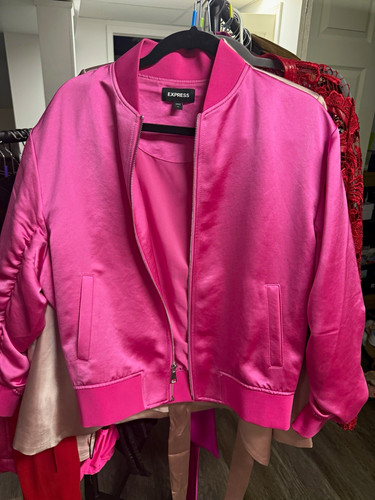 Express Pink Bomber Jacket Full Zip Pockets Long Sleeve Womens XS