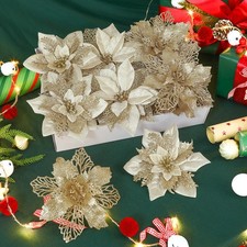 24 PCS 3 Styles 6'' Poinsettia Christmas Flowers Artificial, Glitter Artifici...