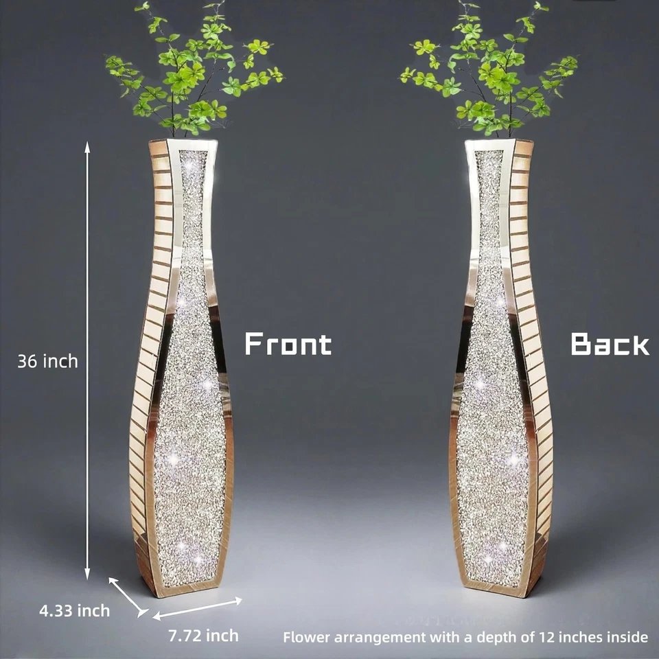 Jarrones de diamantes triturados de doble cara extra altos de 36", jarrón de astilla espejada, piso... Foto 3 de 4