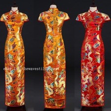 Womenss Retro Qipao Dragon Embroidery Stain Cheongsam Chinese Long Dress