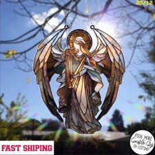 Handmade Stained Glass Angel with Harp Suncatcher, Religious Christian Decor