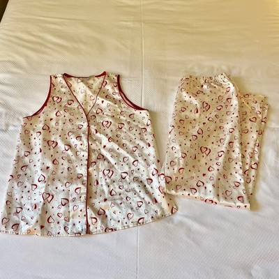 Etonne Sarah Richards Womens Satin Pajama Set L Hearts Valentines Day White Red
