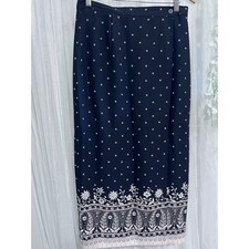 Chaus Navy Blue Paisley Floral Border Print Maxi Column Skirt Size 12 Mock Wrap