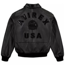 Black Men's Avirex Real Leather Jacket Bomber American Jacket Flight Sheepskin