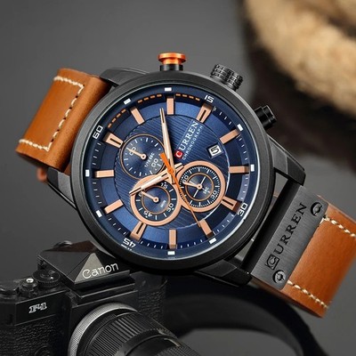 CURREN 45MM Quartz Men's Watch Luxury 30M Waterproof Leather Luminous Gift