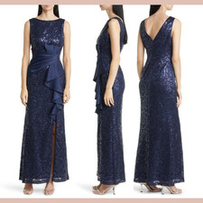 NEW $248 Eliza J [ 10 ] Sequin Ruffle Sleeveless Lace Trumpet Gown in Blue Q1245