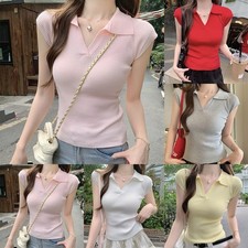 Polyester Kurzarm T-Shirt für Damen Revers Design Slim Fit Einfarbig Oberteil