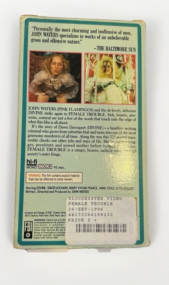 Female Trouble VHS Continental Big Box John Waters Divine Rental Vintage RARE - Image 3 of 4