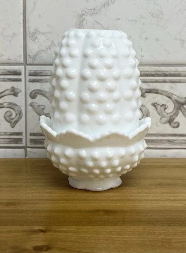 Vintage Fenton Milk Glass Hobnail Fairy Lamp 2-Piece Set