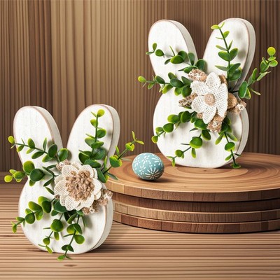 2 Pcs Easter Bunny Wooden Decor with Flowers, Rustic Bunny Table Signs, Farmhous