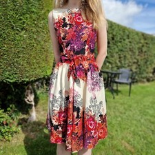 Lady Vintage Red & Purple Floral White Bow Retro Vintage Repro Dress in Size S
