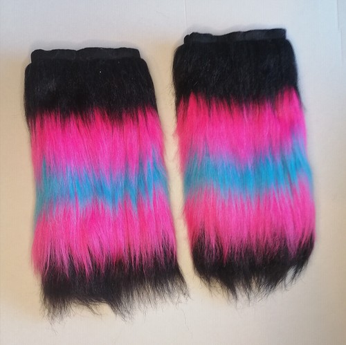 Black Pink & Blue Striped Leg Warmers Fluffy Faux Fur Furry Boot Cover Winter - Picture 3 of 4