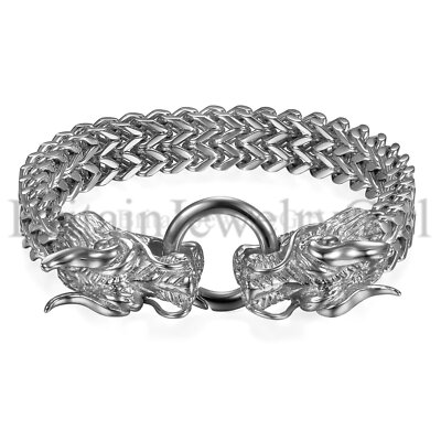 Gothic Biker Stainless Steel Dragon Wolf Franco Link Curb Chain Bracelet for Men