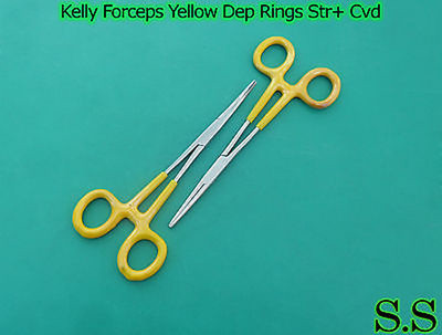 2 Kelly forceps 5.5'' Yellow Dep Rings Straight+Curved