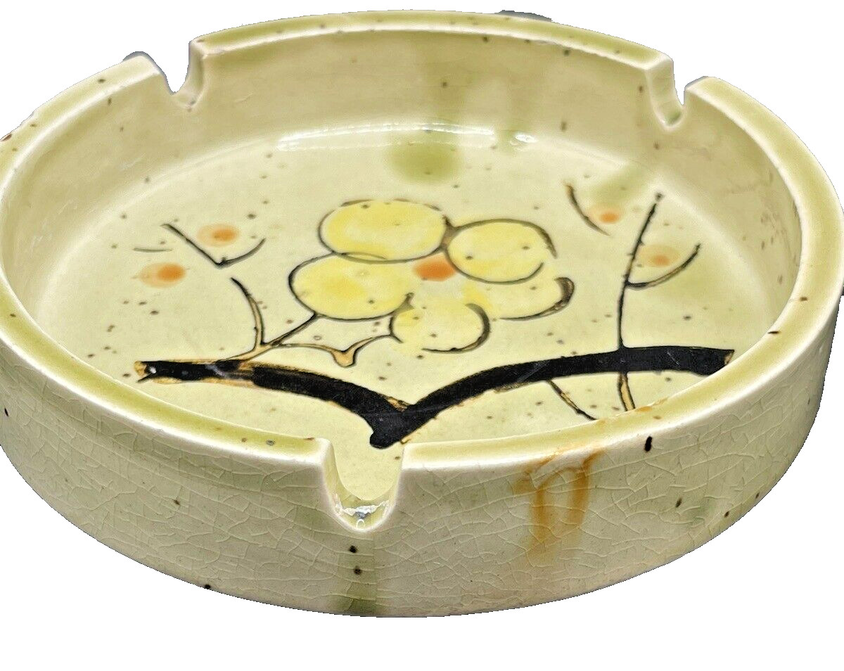 Vintage Mid-Century Modern Ceramic Japan Pottery Ashtray Speckled Glaze Flowers