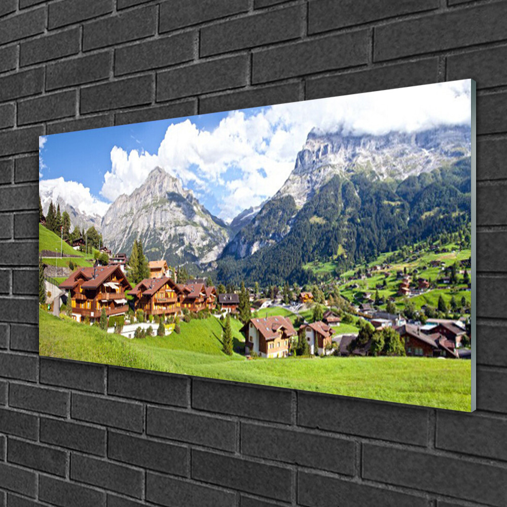 Tableau sur verre d'art impression paysage de montagnes et maisons finitions premium