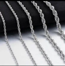 14K White Gold Plated Stainless Steel 2MM Rope Chain 16” to 30”