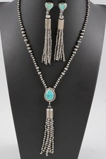 Blue Turquoise Gemstone 925 Fringe Necklace Dangle Earrings Set 18-20"