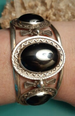 Vintage Encho En Mexico Sterling Silver  Hematite Cuff Bracelet Size Average 