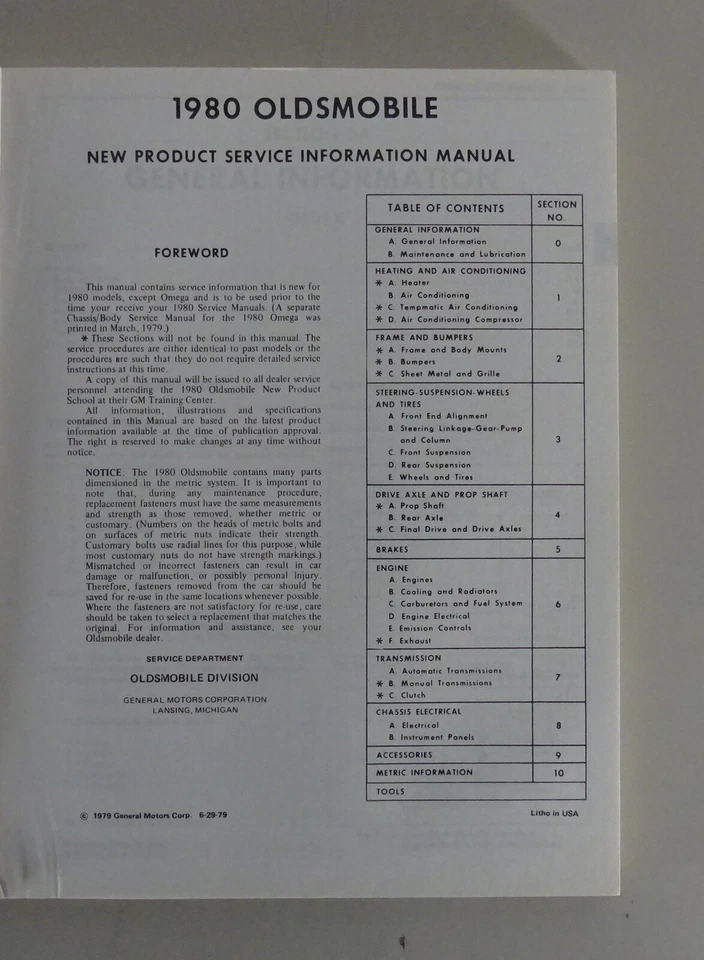 Manuale Di Officina Informazioni Oldsmobile Cutlass / Delta 88 Etc. Del 1980 - Immagine 2 di 4