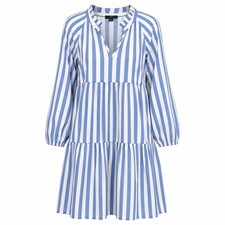 J.Crew Tiered Mini Dress Ruffle Neck Striped Cotton Long Sleeve Blue White S