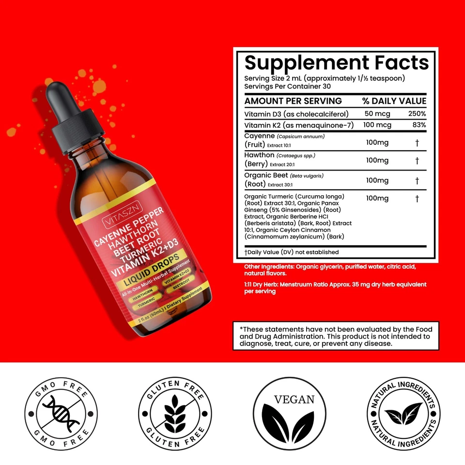 Suplemento líquido de pimienta de cayena con baya de espino, vitamina D3 + K2, raíz de remolacha Foto 4 de 4