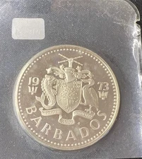 1973 Barbados $5 Dollars 0.8000 Silver ASW 0.7999 Oz Free Shipping