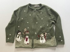 Vtg Croft  Barrow Sweater Green Snowman Holiday Full Zip - Womens Size Petite L