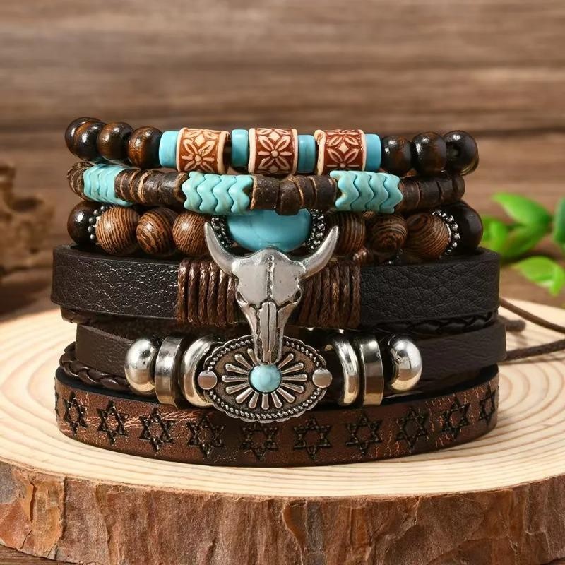 6pcs Retro Western Cowboy Style Beaded Bracelet Set Bohemia Men Women Jewelry