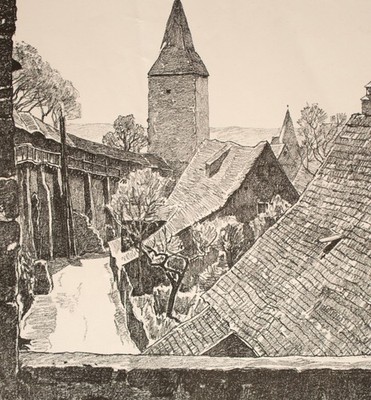 Nürnberg? Historische Stadtansicht Stadtmauer monogrammiert Lithografie um 1900