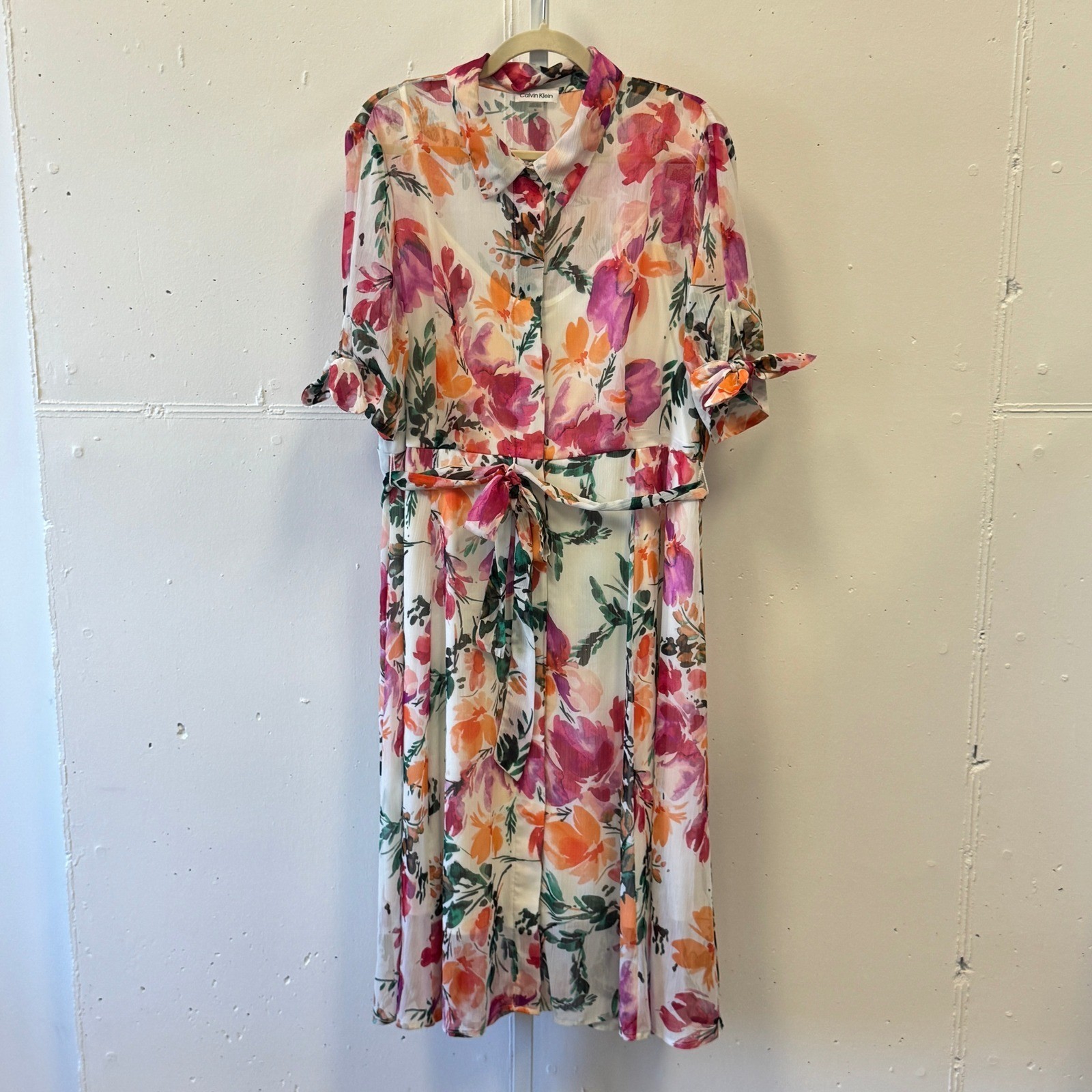 Calvin Klein Floral Midi Shirtdress Pink Orange Watercolor Button Front Size 16