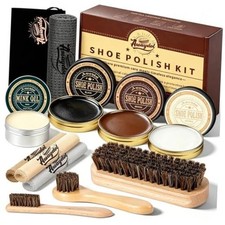 12 PCS Shoe Polish Kit - Horsehair Brushes, Black Brown Neutral Polish,Mink