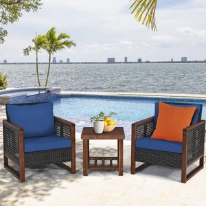 Costway 3PCS Patio Wicker Furniture Set Wooden Frame Cushion Sofa Shelf Navy