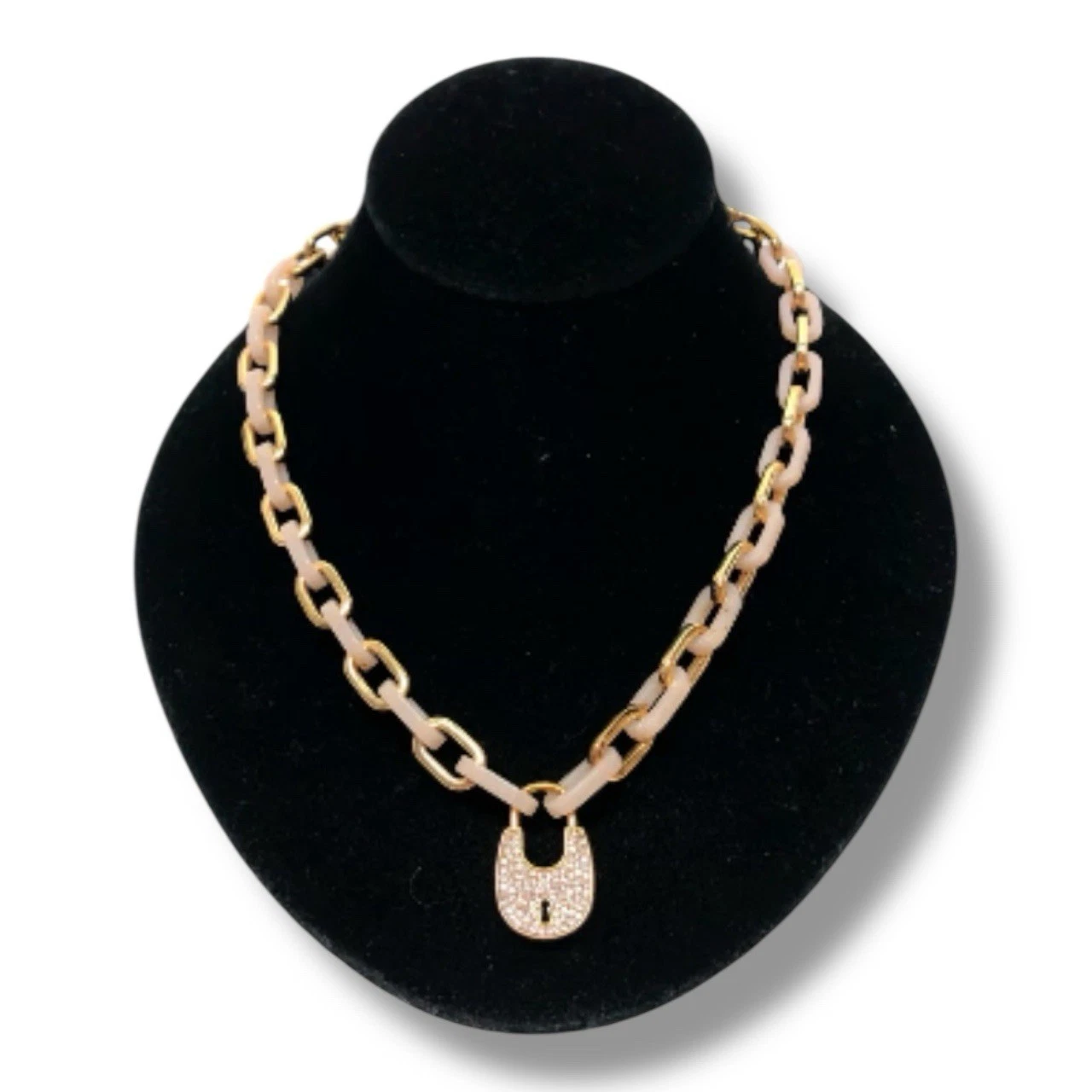 Collana catena Michael Kors oro e rosa acrilico con lucchetto strass oro rosa