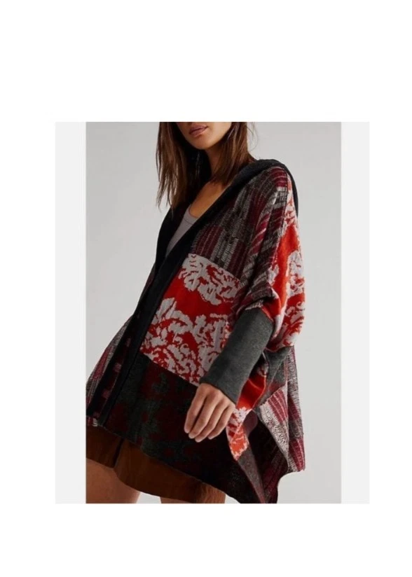 Free People Autumn Patchwork Poncho Cardigan XS/S Hood Dolman Sleeve Boho