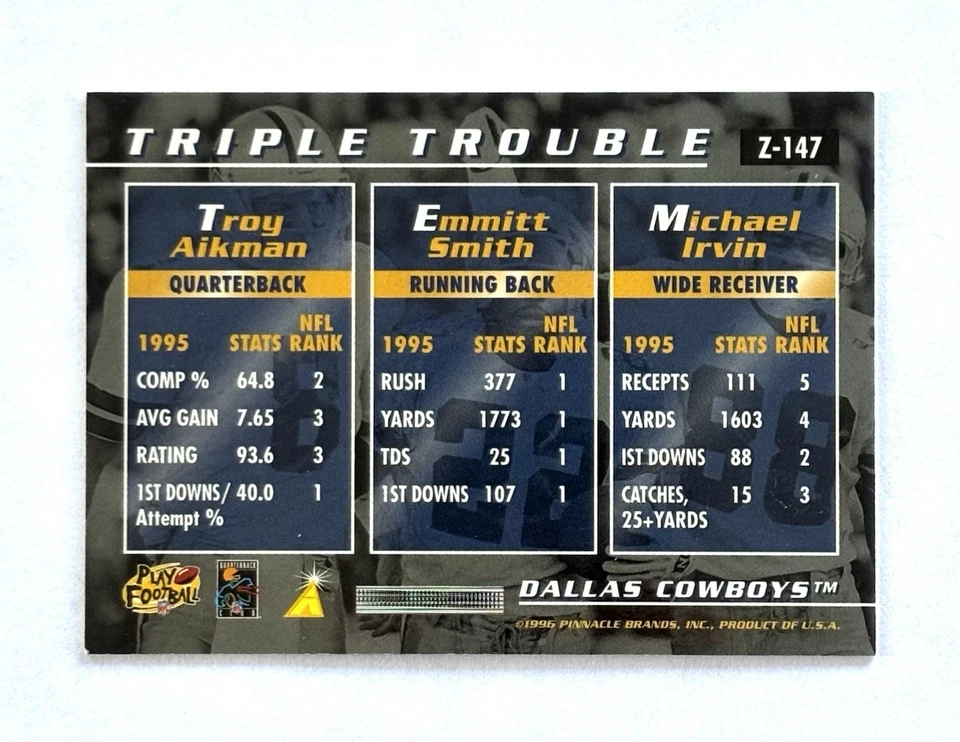 Pinnacle Zenith Triple Trouble 1996 Aikman Smith Irvin #Z-147 Salón de la fama Foto 2 de 2