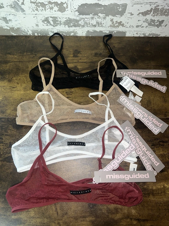 ¡NUEVO CON ETIQUETAS! Lote de 4 mini bralettes de encaje transparente fino Missguided talla grande Foto 4 de 4
