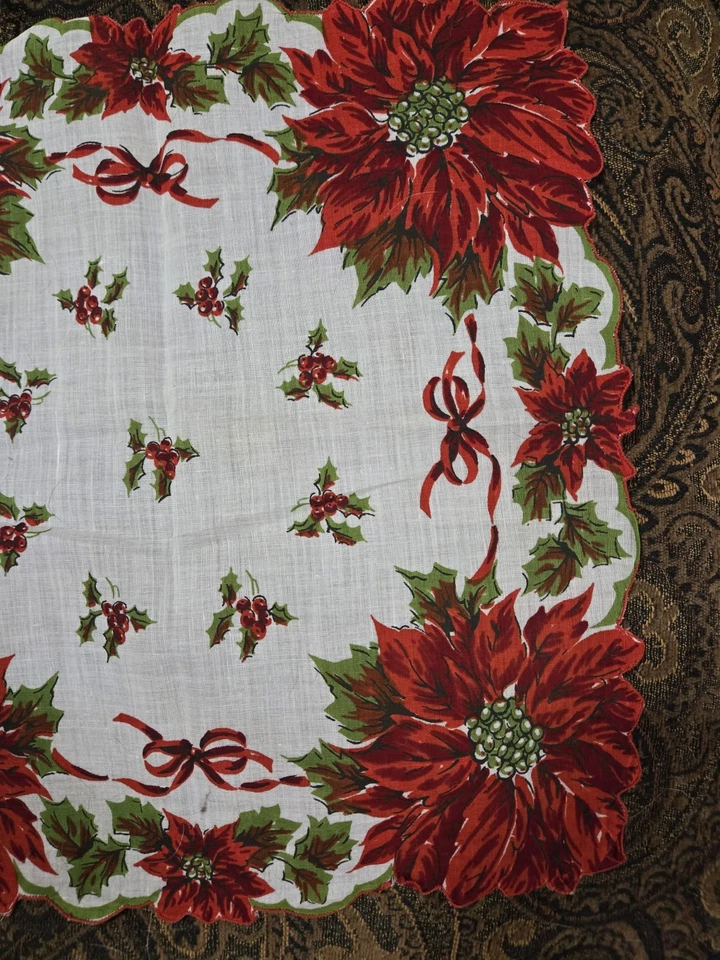 VTG Poinsettia Flower CHRISTMAS Ladies Handkerchief Hanky 1950's Wedding Party - Image 4 of 4