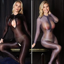 Women See Through Shiny Full Body Jumpsuit Catsuit Stretch 2-Way Zipper Bodysuit