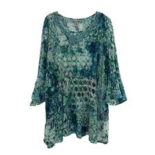 Catherines Tunic Top Size 4X Sequins Scoop Neck 3/4 Sleeve Accordion Style Sheer