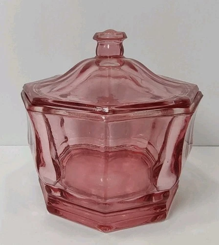VTG Pink Indiana Glass Concord Octagon Covered Candy Dish Vanity Trinket Jar